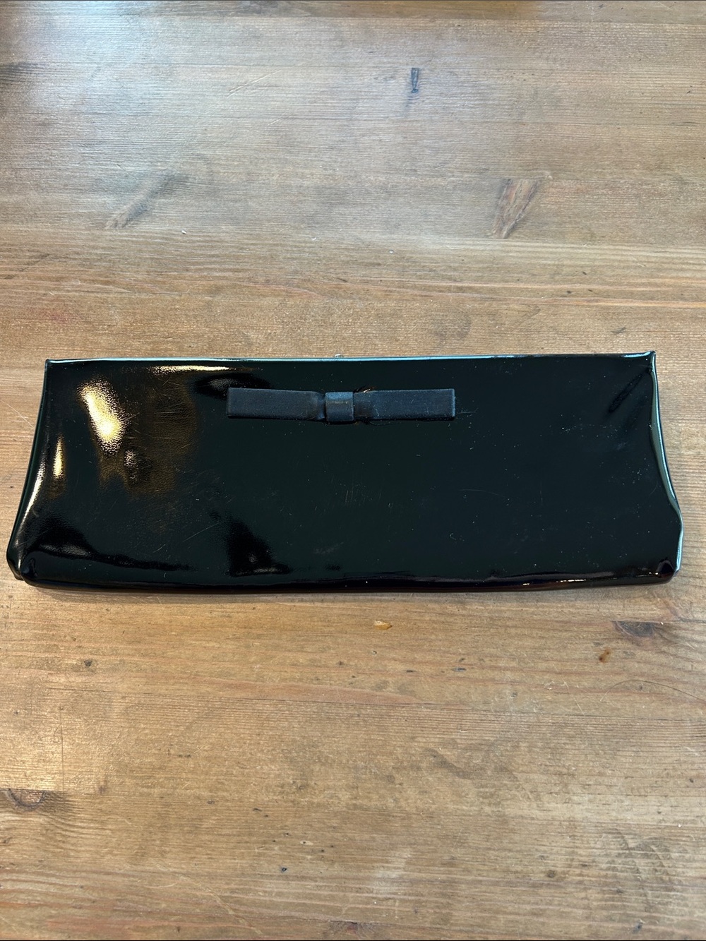 Vintage Black Patent Kiss-lock Clutch with Bow pink interior 12” x 4.5”